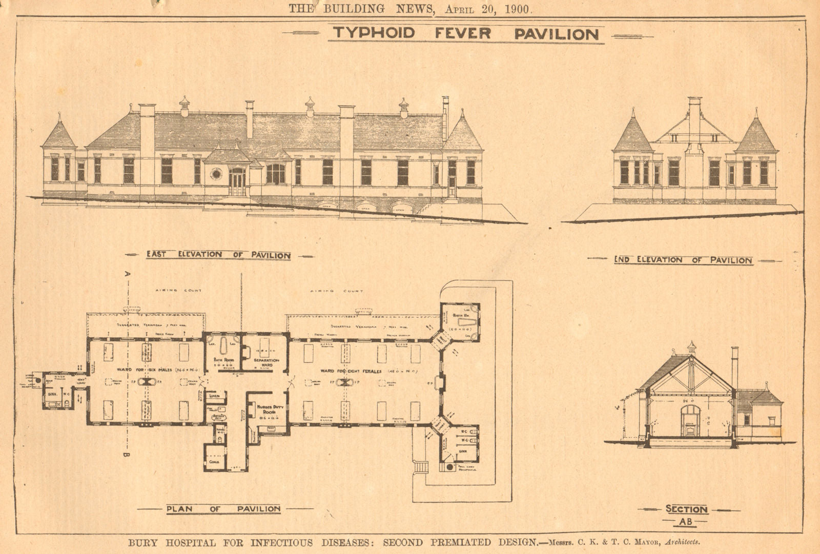 Bury Hospital for Infectious Diseases. Typhoid Fever Pavilion 1900 old print